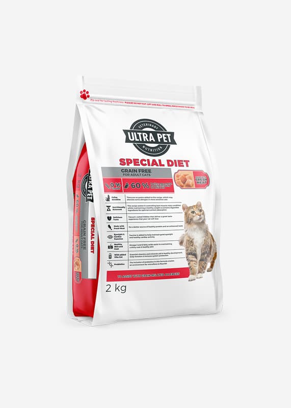 Special Diet Grain-Free Cat Food Packshot, Red and white package