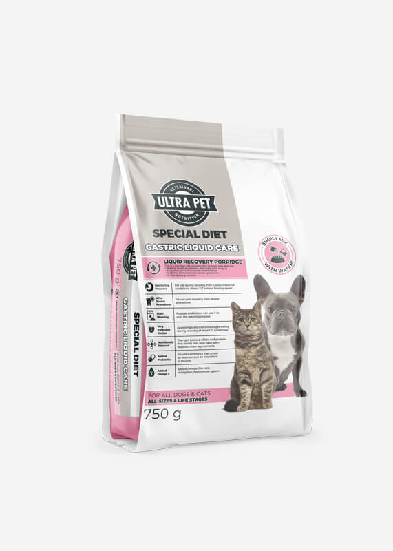 Cat and Dog Food for Sensitive Stomachs, Packshot of pink, grey and white Ultra Pet Gastric Liquid Care dog food bag.