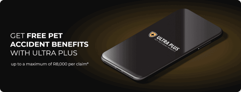 A mobile phone showing the Ultra Plus pet accident benefit screen, with wording saying " Get free pet accident benefits with ultra plus. Up to a maximum of R8000 per claim.