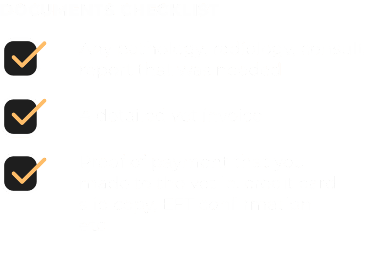 An image showing a document checklist. First out of 3 is that "Any pathology, radiology, consult report that was needed". A detailed vet invoice. Lastly, Proof of Payment that you made to the vet, ie. credit card slip copy, EFT confirmation etc.